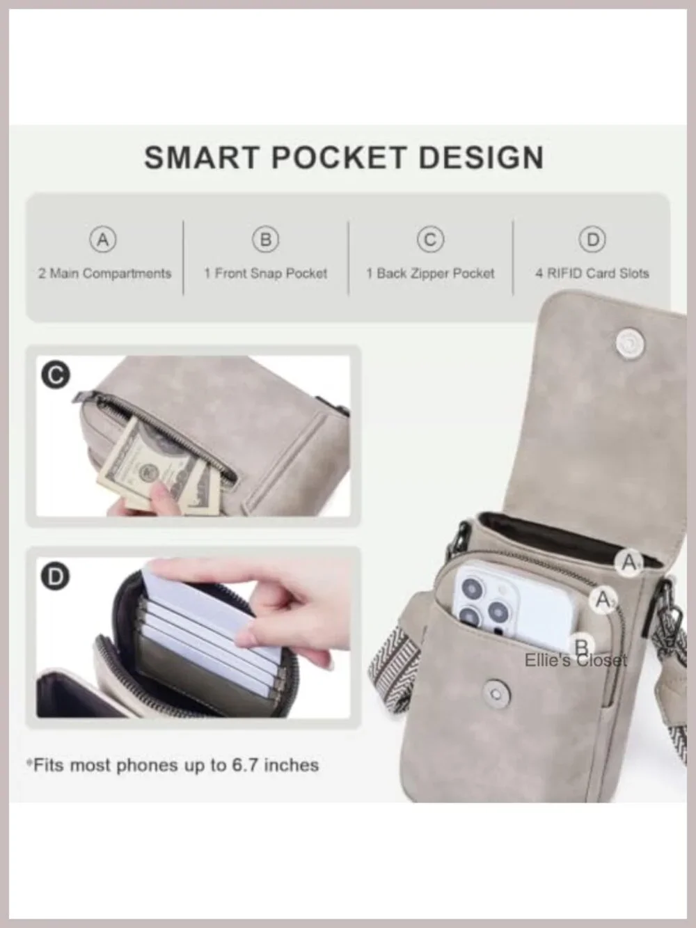 Small Crossbody Purse with Triple Compartments, RFID Phone Wallet, Adjustable
